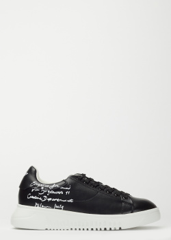 Черные кожаные кеды Emporio Armani с белыми надписями, фото