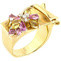Широкое кольцо с розовым сапфиром из желтого золота, фото