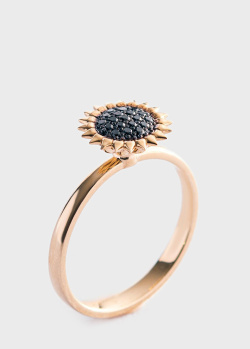 Золотое кольцо Подсолнух с черными бриллиантами, фото