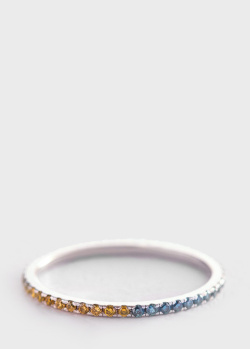 Кольцо с бриллиантовой дорожкой голубого и желтого цвета, фото