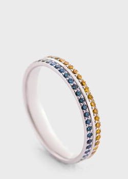 Золотое кольцо с голубыми и желтыми бриллиантами, фото