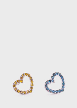 Золотые серьги-гвоздики с голубыми и желтыми бриллиантами, фото