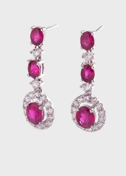 Сережки-підвіски з діамантами та рожевими рубінами., фото