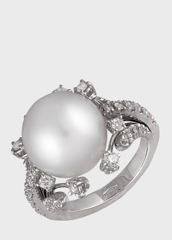Каблучка з білого золота з діамантами і перлами., фото