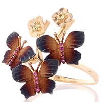 Золоте рельєфна каблучка Roberto Bravo Global Warming з коричневими метеликами на квітах, фото