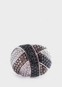Золотое кольцо с белыми, черными и коричневыми бриллиантами, фото