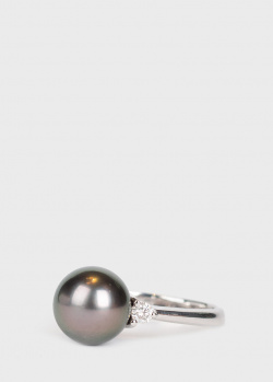 Тонкий перстень Yamagiwa з білого золота з чорними перлами і діамантами., фото