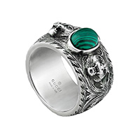 Серебряное кольцо Gucci Garden с кошачьими головами и камнем из зеленой смолы, фото