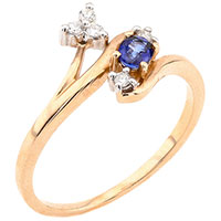 Золотое кольцо с сапфиром и бриллиантом в виде цветка, фото