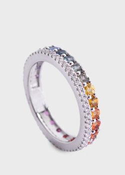Золотое кольцо с разноцветными сапфирами и бриллиантами, фото