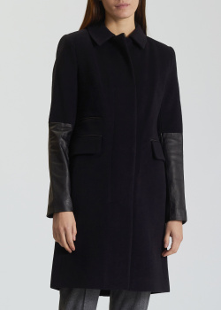 Черное пальто DVF с рукавами из кожи, фото