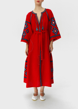 Льняное платье-миди UNA Kylymy красного цвета, фото