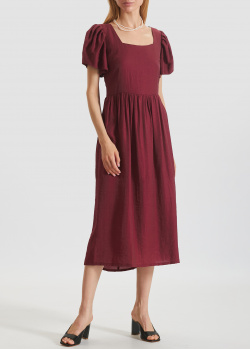 Бордовое льняное платье Marchi Bertina с пышными короткими рукавами, фото