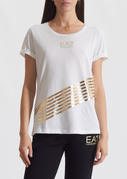 Белая футболка Ea7 Emporio Armani с золотистыми полосками, фото