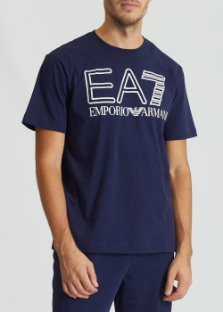 Синяя футболка EA7 Emporio Armani с белым лого, фото
