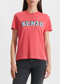 Коралловая футболка Kenzo с брендовой надписью, фото