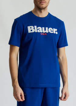 Синя футболка Blauer з брендовим написом, фото