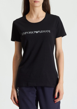 Женская черная футболка Emporio Armani с белым лого, фото