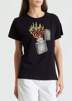 Чорна футболка Pinko з принтом у вигляді запальнички, фото