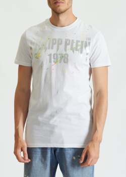 Белая футболка Philipp Plein с эффектом брызг краски, фото