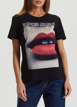 Чорна футболка Emporio Armani з принтом губ, фото
