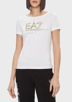 Белая футболка EA7 Emporio Armani с фирменной надписью, фото