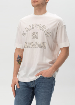 Голубая футболка Emporio Armani с фирменной нашивкой, фото