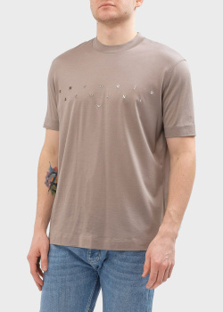 Бежевая футболка Emporio Armani с брендовой вышивкой, фото