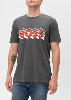 Сіра футболка Hugo Boss з фірмовим принтом, фото