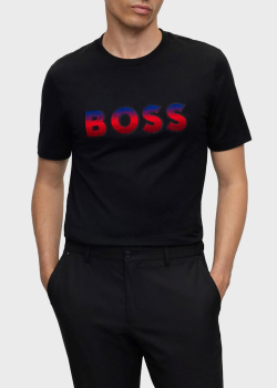 Черная футболка Hugo Boss с брендовым принтом, фото