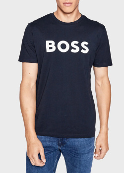 Синяя футболка Hugo Boss с брендовым принтом, фото