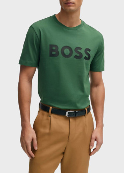 Зеленая футболка Hugo Boss с брендовым принтом, фото