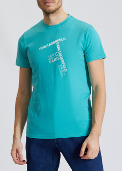 Голубая футболка Karl Lagerfeld с брендовым принтом, фото