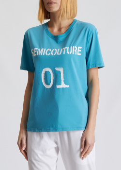 Блакитна футболка Semicouture з фірмовим принтом, фото