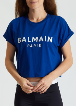 Укорочена футболка Balmain синього кольору, фото