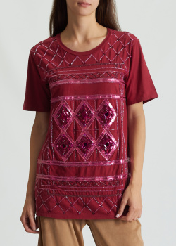 Бордовая футболка Balmain с вышивкой бисером, фото