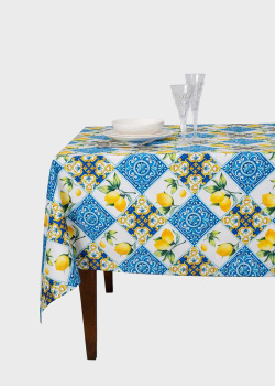 Скатерть из хлопка Villa Grazia Premium Орнамент с лимонами с водоотталкивающим покрытием 160x360см, фото