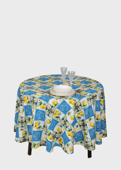 Круглая хлопковая скатерть Villa Grazia Premium Орнамент с лимонами 180см, фото