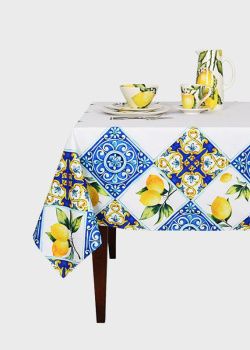 Водоотталкивающая скатерть из хлопка Villa Grazia Premium Орнамент с лимонами 160x300см, фото