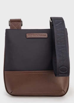 Текстильна чорна сумка Emporio Armani із вставками із коричневої екошкіри, фото