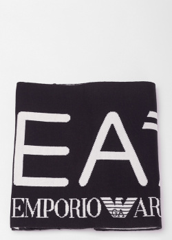 Шарф черного цвета EA7 Emporio Armani с белым логотипом, фото