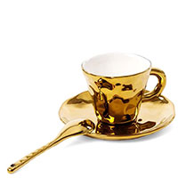 Чашка з блюдцем і ложкою Seletti Fingers золотистого кольору, фото